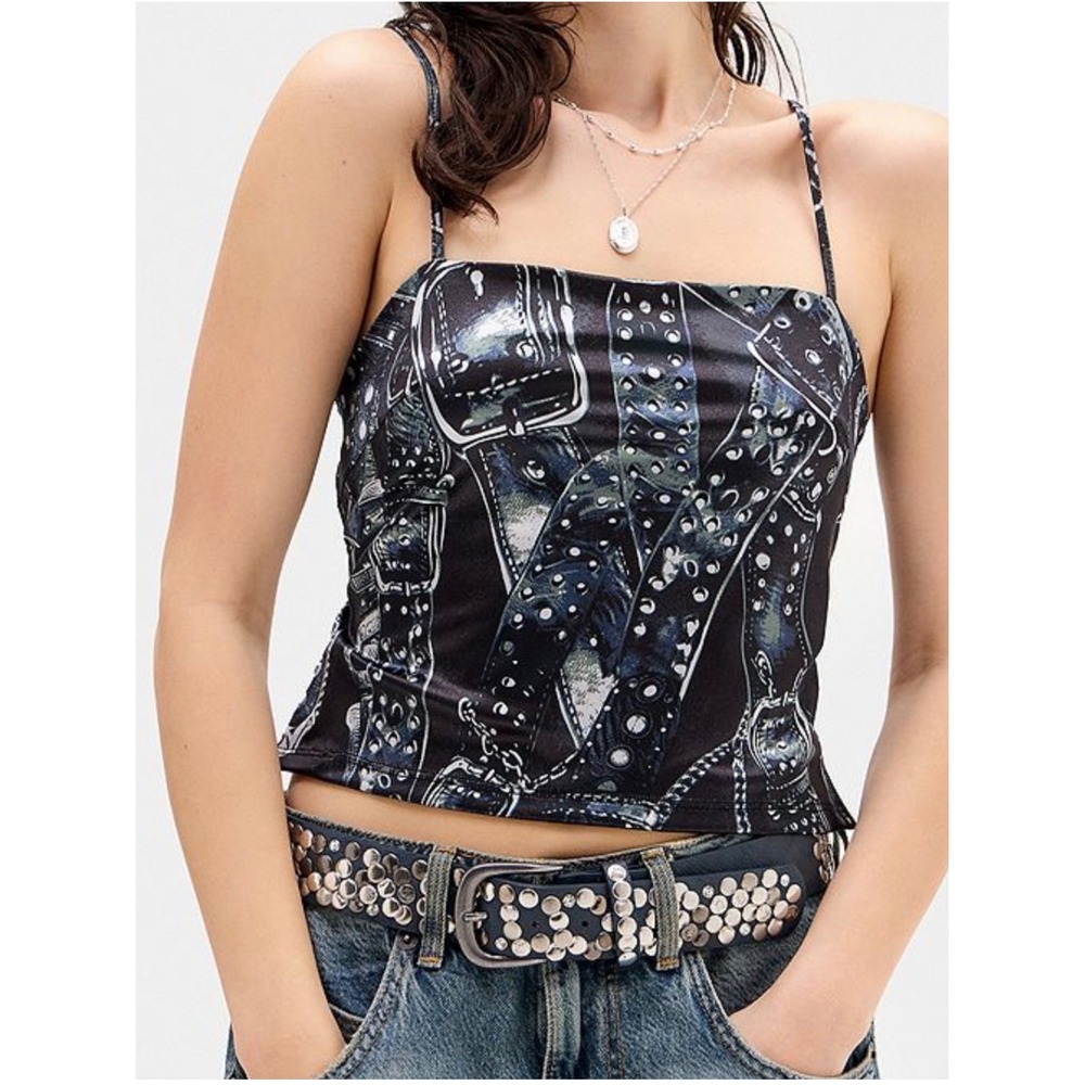 Silence + Noise Belt Print Cami Womens large black Tie Back Crop Top